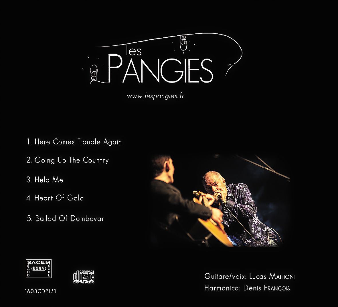 Premier EP du duo Les Pangies, comprenant les morceaux Here Comes Trouble Again, Going Up the Country, Help Me, Heart of Gold et Ballad of Dombovar, mélangeant blues, folk et rock avec des influences authentiques.